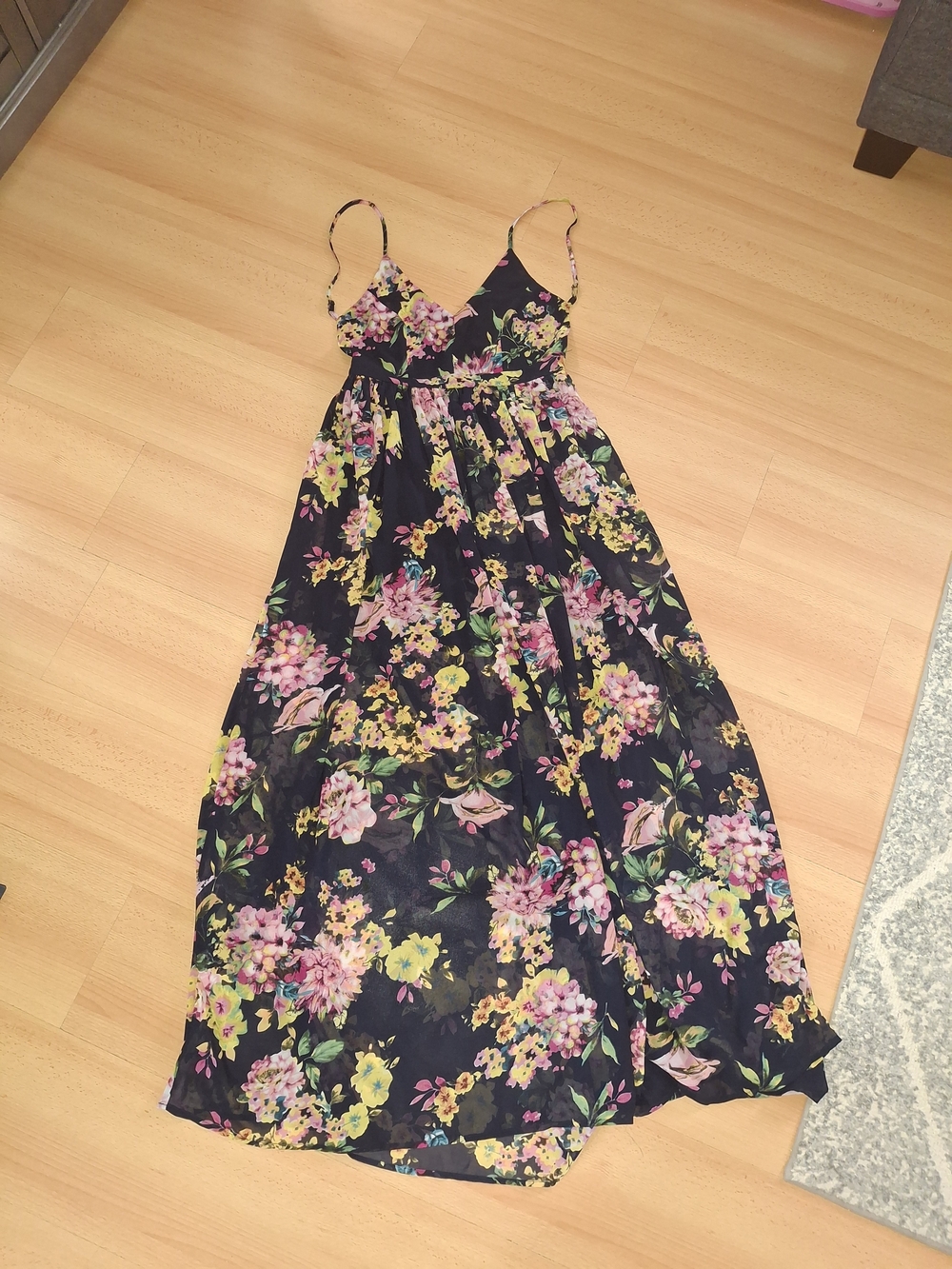 Floral V-Neck Spaghetti Strap Maxi Dress - Navy with Pink & Yellow Flowers
